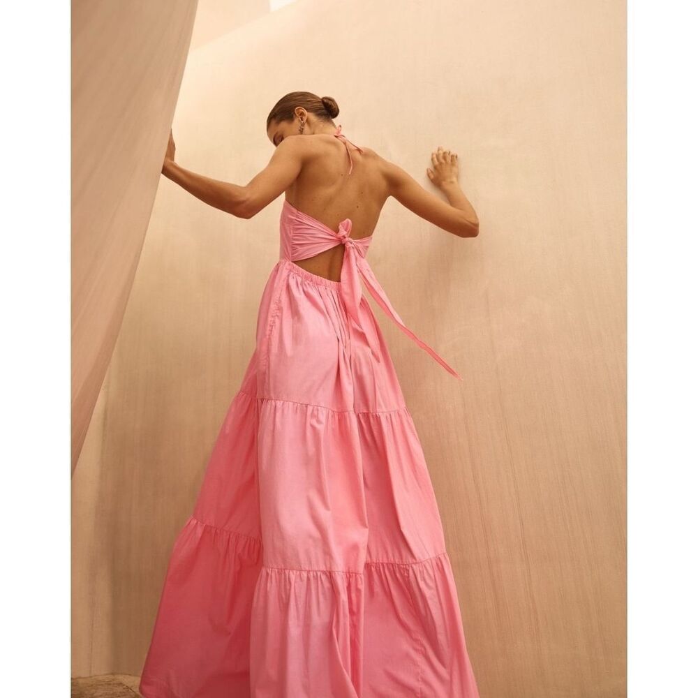 S/W/F Tie Up Maxi Dress In Pink Wedding Guest  Vacation Beach Dress size S NWT - Picture 2 of 6